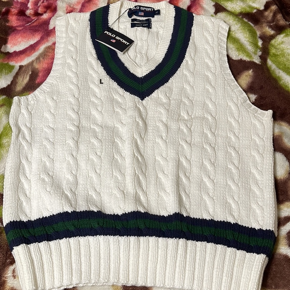 Polo Ralph Lauren White V Neck Cable Knit Sweater Vest  Men's L   ~ Cricket